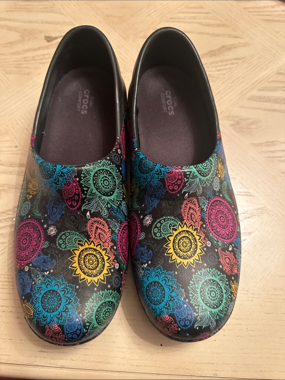 CROCS Black Slip-On Clogs with Multicolor Mandala Print
